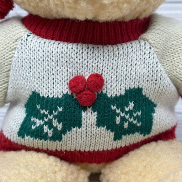 TB Trading Christmas Bear Plush Curly Fur Holly Berry Sweater Beige 14 Inch - Picture 7 of 11